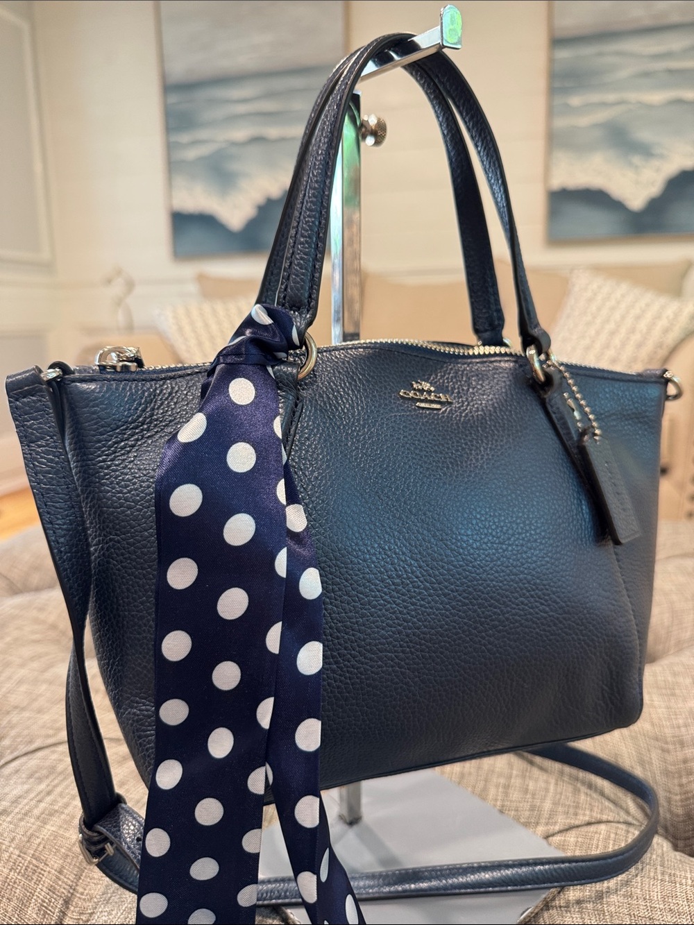 COACH Bag Mini Kelsey Pebbled Leather Metallic Navy Tote Crossbody - Picture 3 of 17